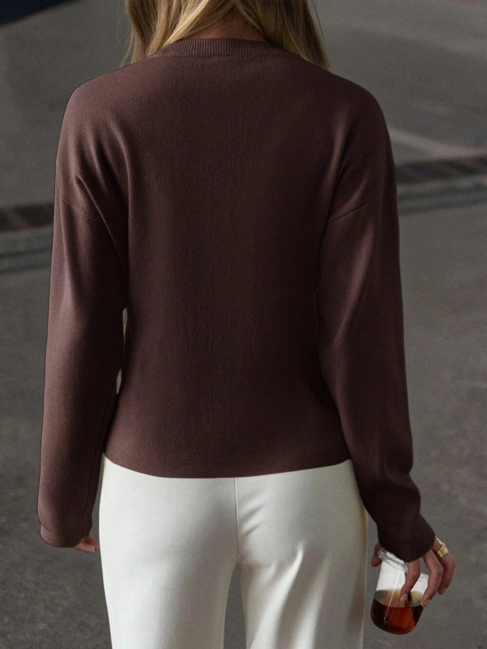 Brown Casual Women's  Long Sleeve Button DesignCardigan Sweater - Picture 5 of 11